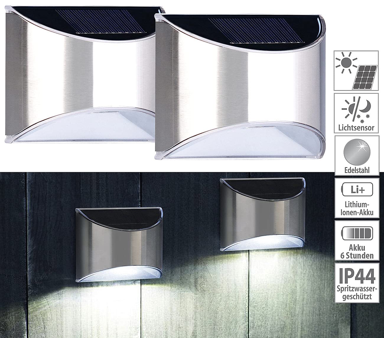 Lunartec Außenbeleuchtung 4er Solar-Wandleuchten Edelstahl 20 lm IP44