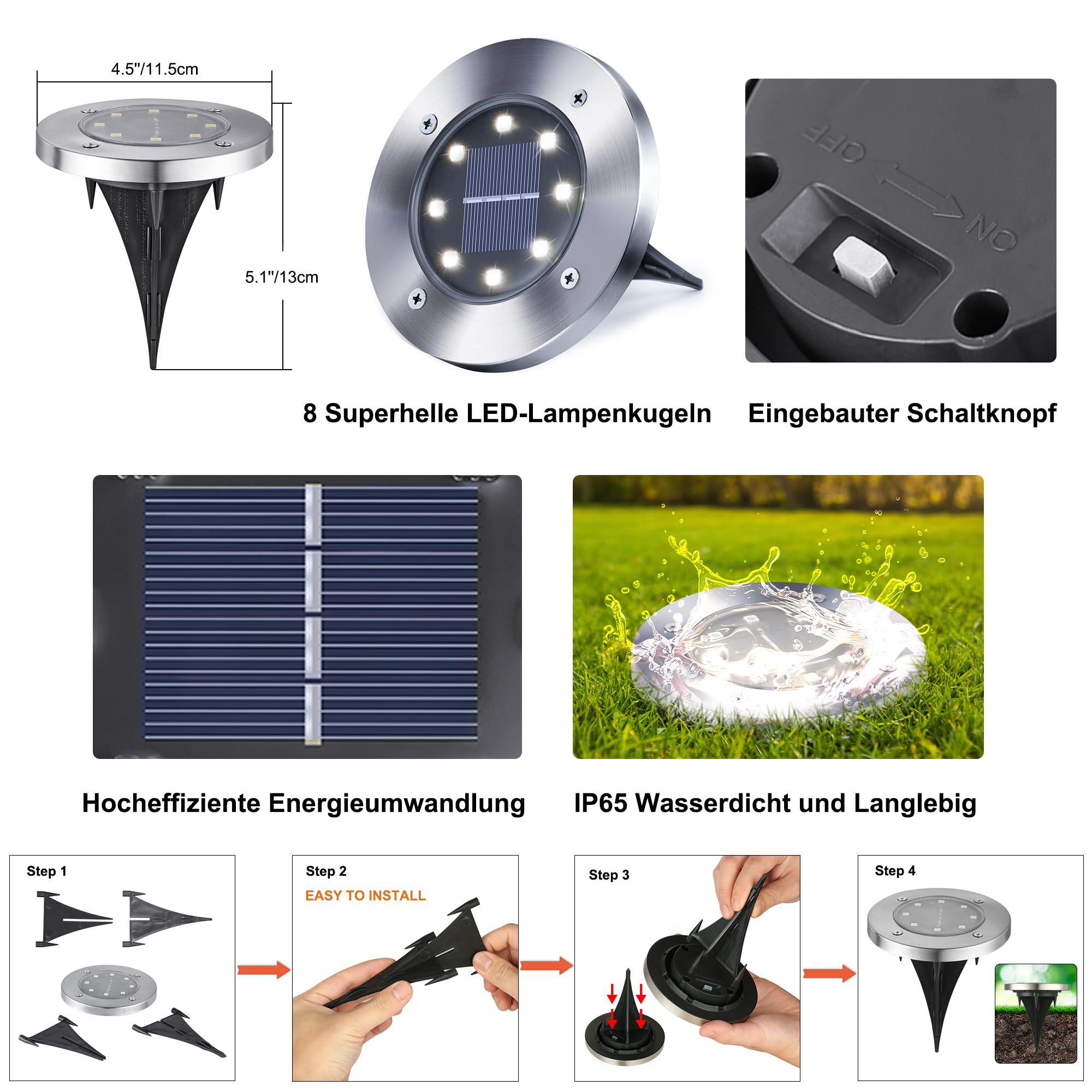 Qedertek Lighting Solar Bodenleuchten 8 Stück weiß IP65 Edelstahl
