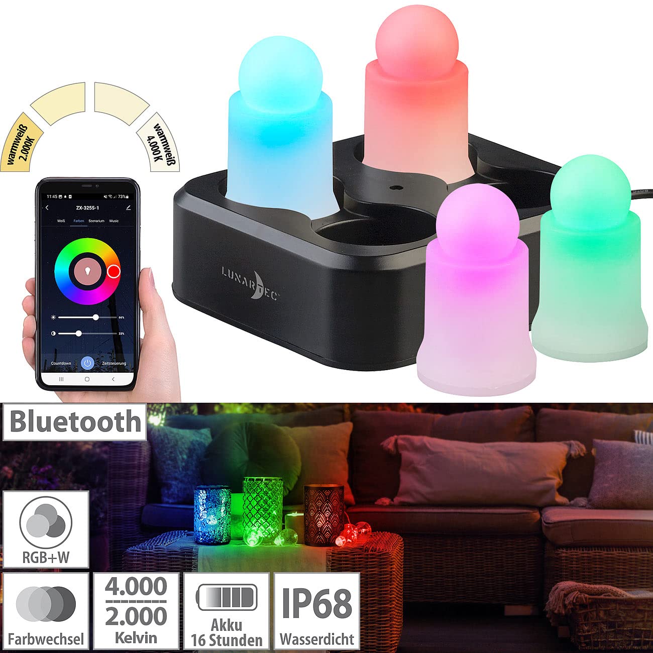 Lunartec LED Kerzen Akku RGBWW 4er-Set mit Ladestation App