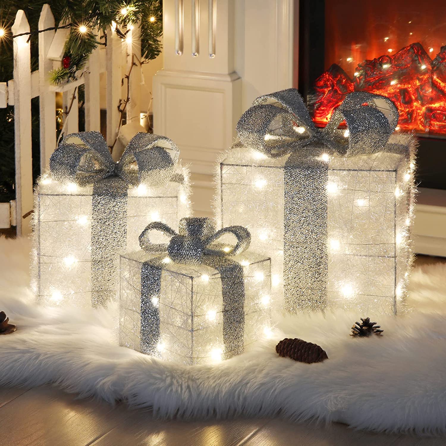 elktry LED Geschenkbox 3er Set silber mit Timer 140 LEDs