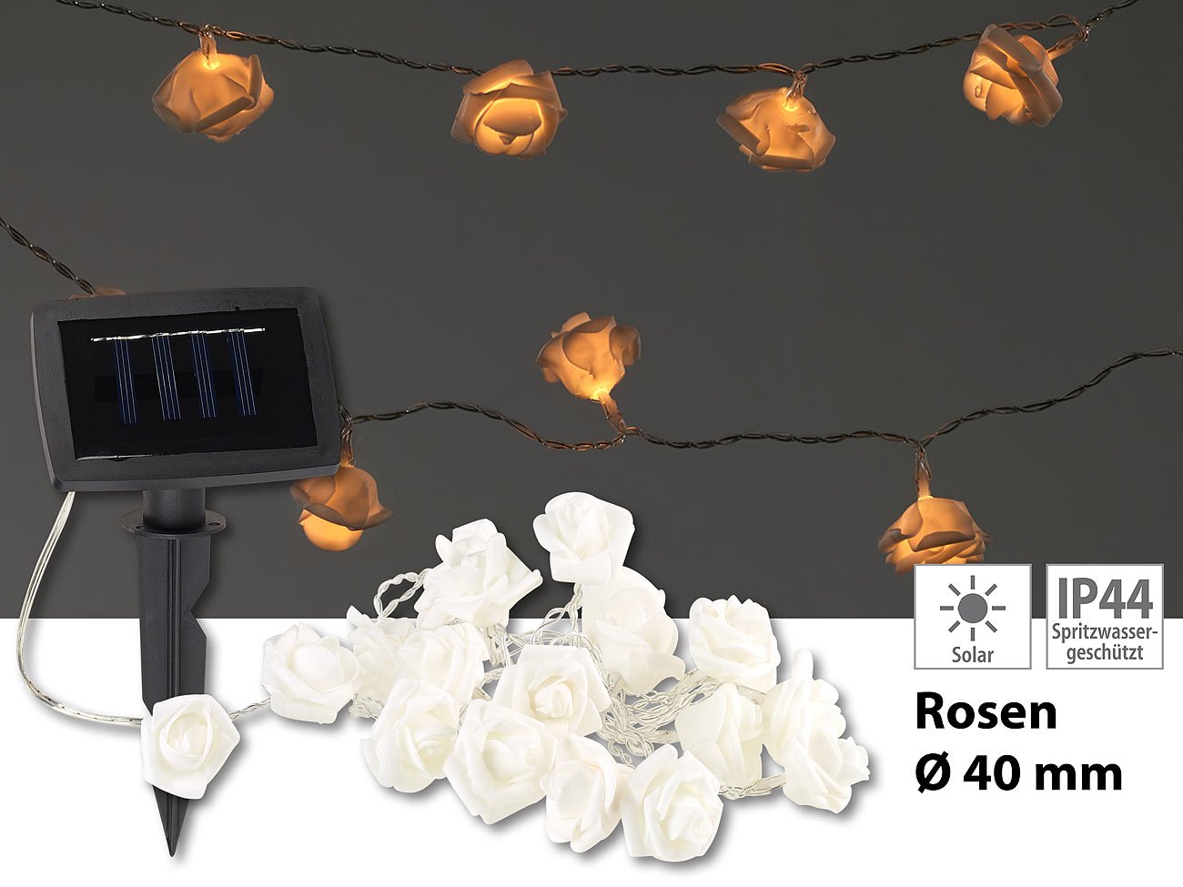 Lunartec Licht-Dekoration Solar Rosen Lichterkette 4m warmweiß