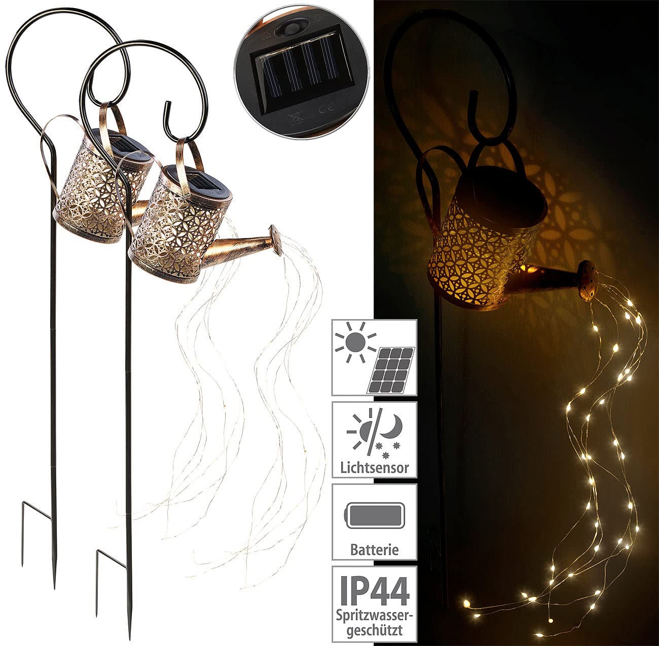 Lunartec Licht-Dekoration Solar-Gießkanne kupfer 2er-Set LED