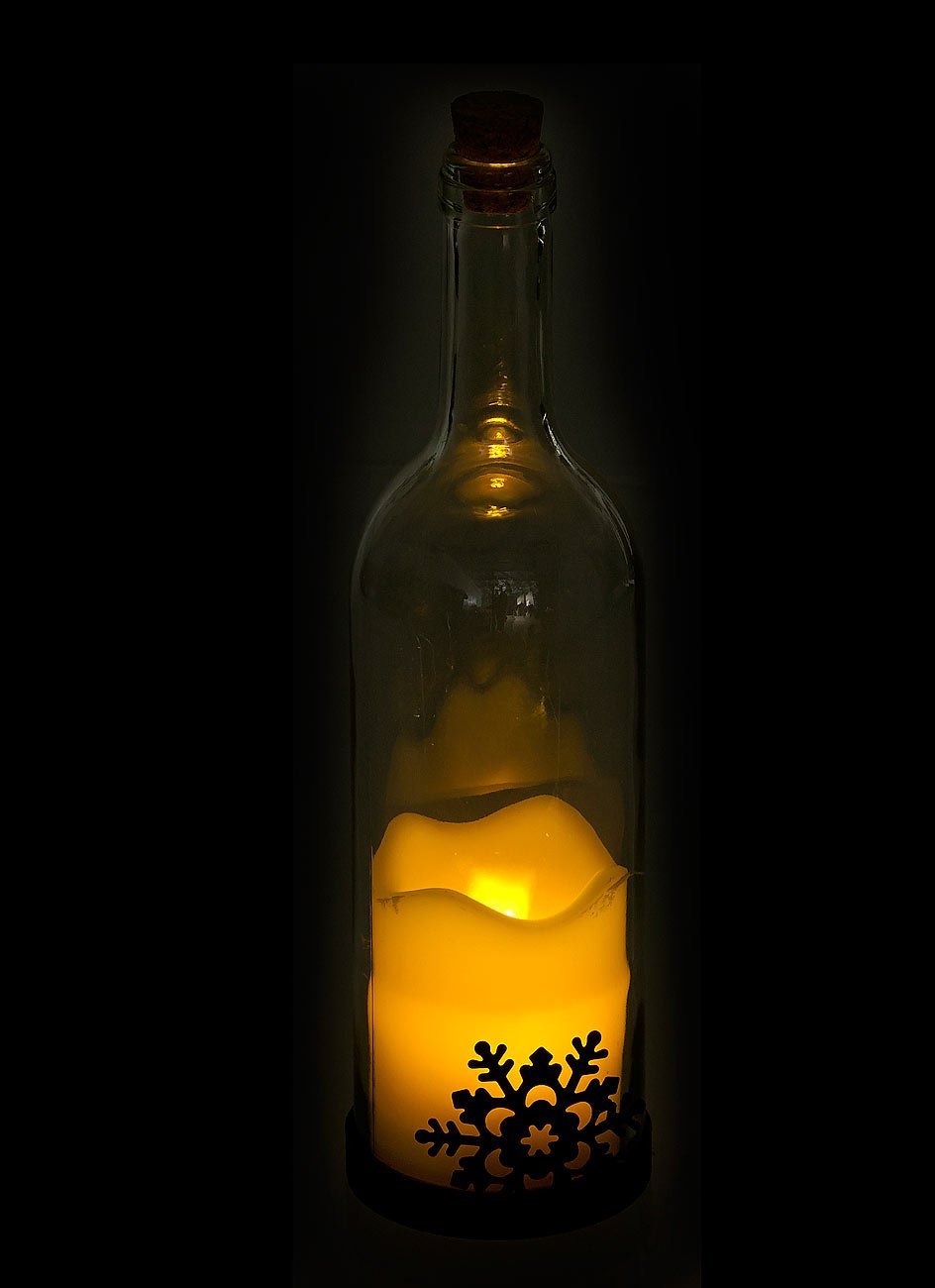 Lunartec Licht-Dekoration Deko-Glasflasche LED-Kerze Schneeflocke