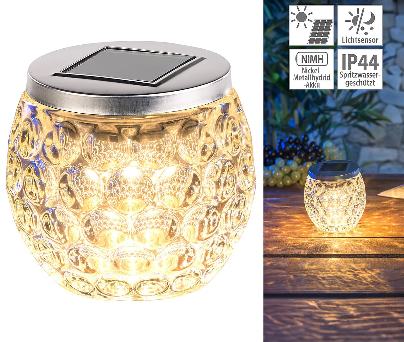Lunartec Außenbeleuchtung Solar Tischlicht Glas warmweiß IP44