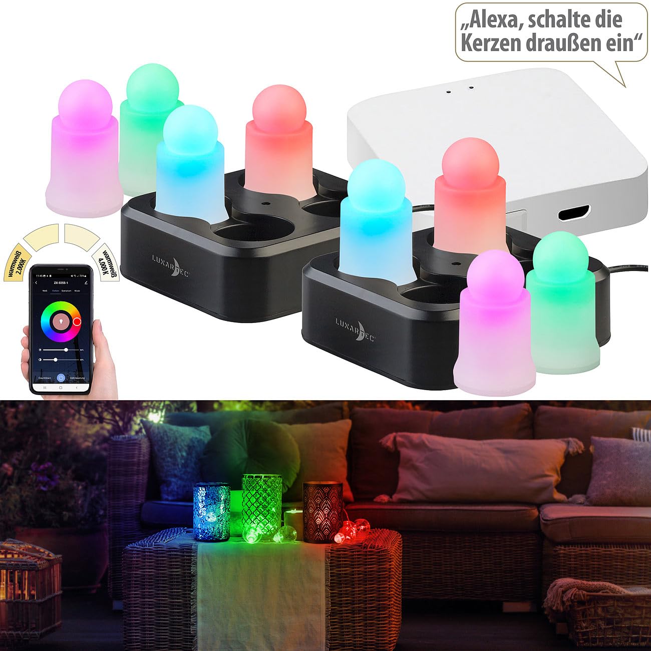 Lunartec Licht-Dekoration LEDK-4 LED-Kerzen 8er-Set RGBWW Akku
