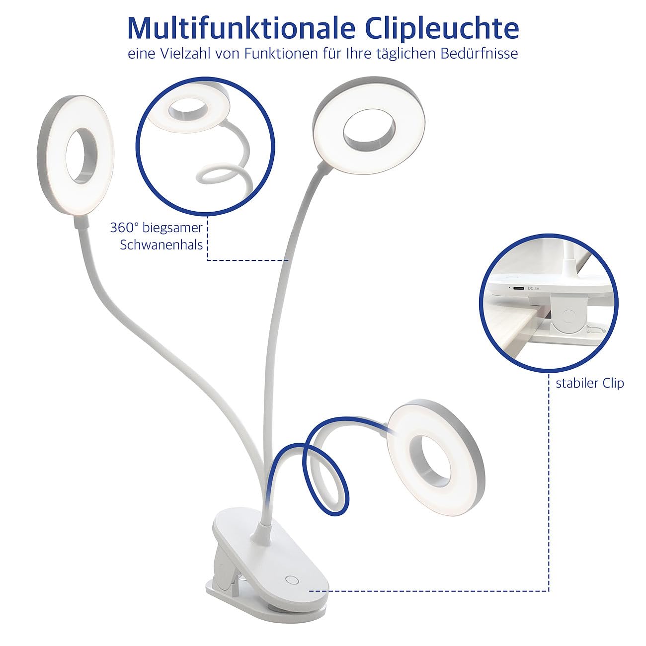 Lunartec Innenbeleuchtung Akku-Leseleuchte Klemme Touch