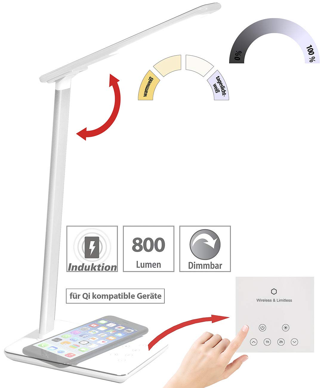 Lunartec Innenbeleuchtung Schreibtischlampe Qi LED 800 Lumen