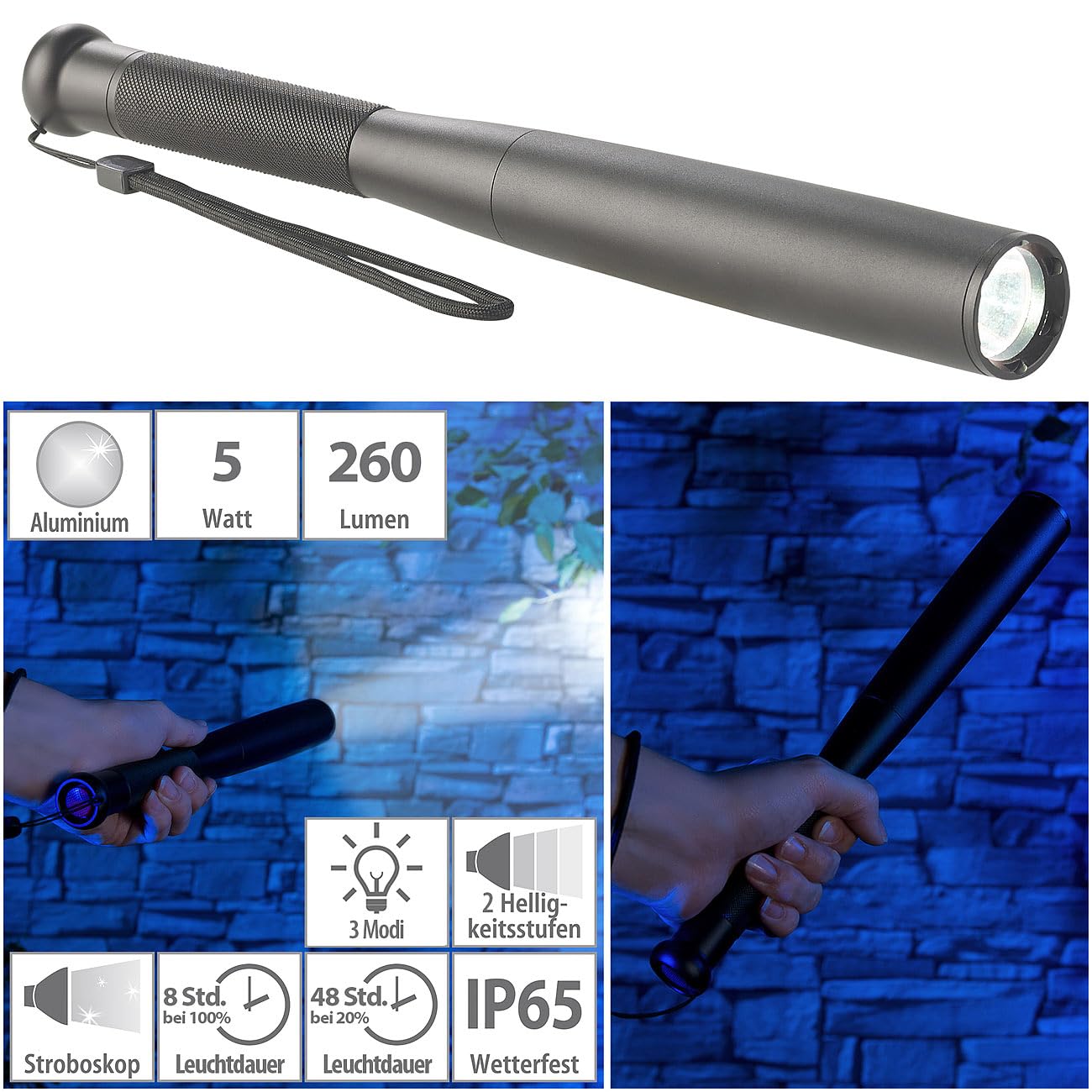 Lunartec Taschenlampen TL-526 Baseball Taschenlampe 260 lm