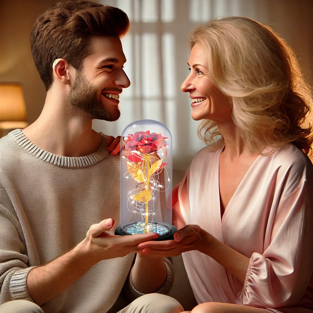 Lunartec Licht-Dekoration Rose unter Glas LED kristallrot 21,5 cm