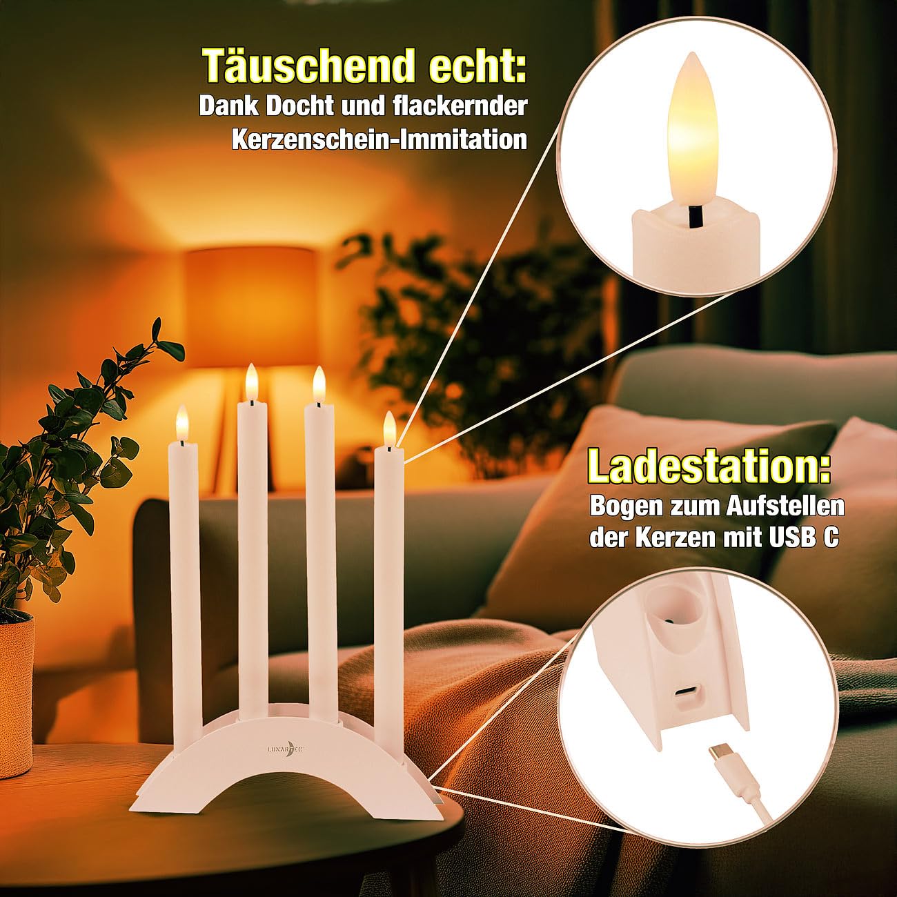 Lunartec Licht-Dekoration LED-Stabkerzen 4er weiß warmweiß