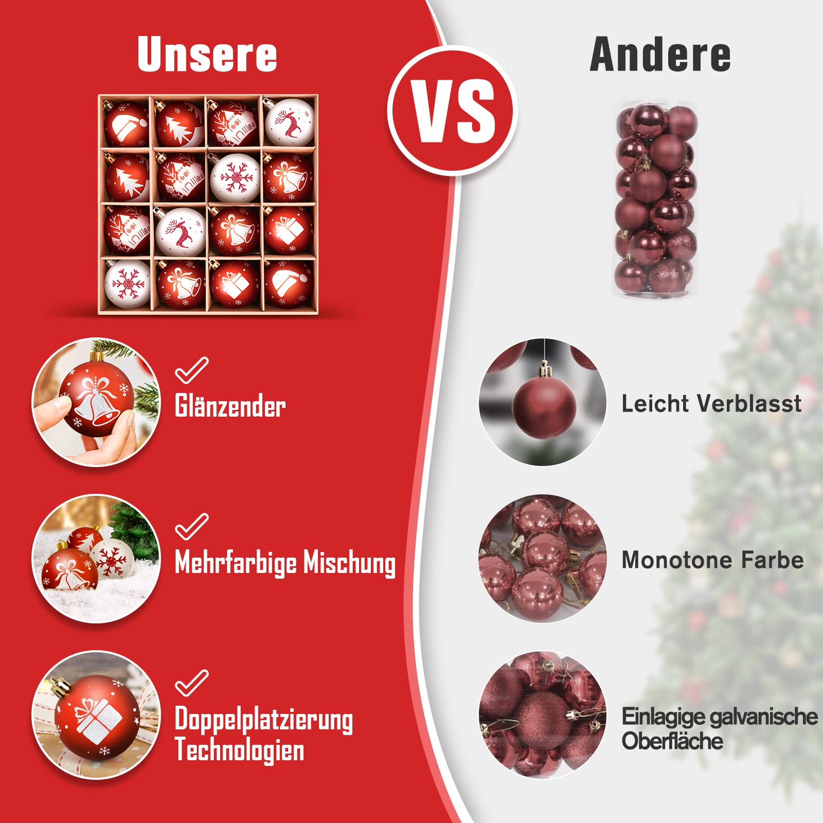 WEARXI Lichterketten Weihnachtskugeln 6cm Rot-Weiß 16 Stück
