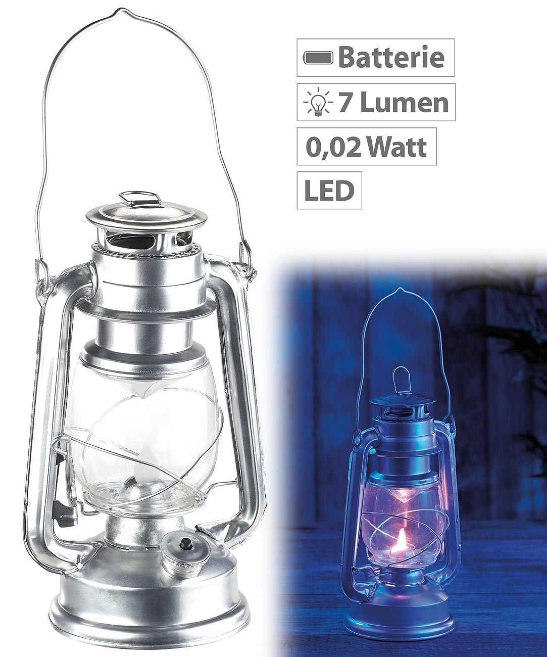 Lunartec Taschenlampen LED-Sturmlaterne silber batteriebetrieben